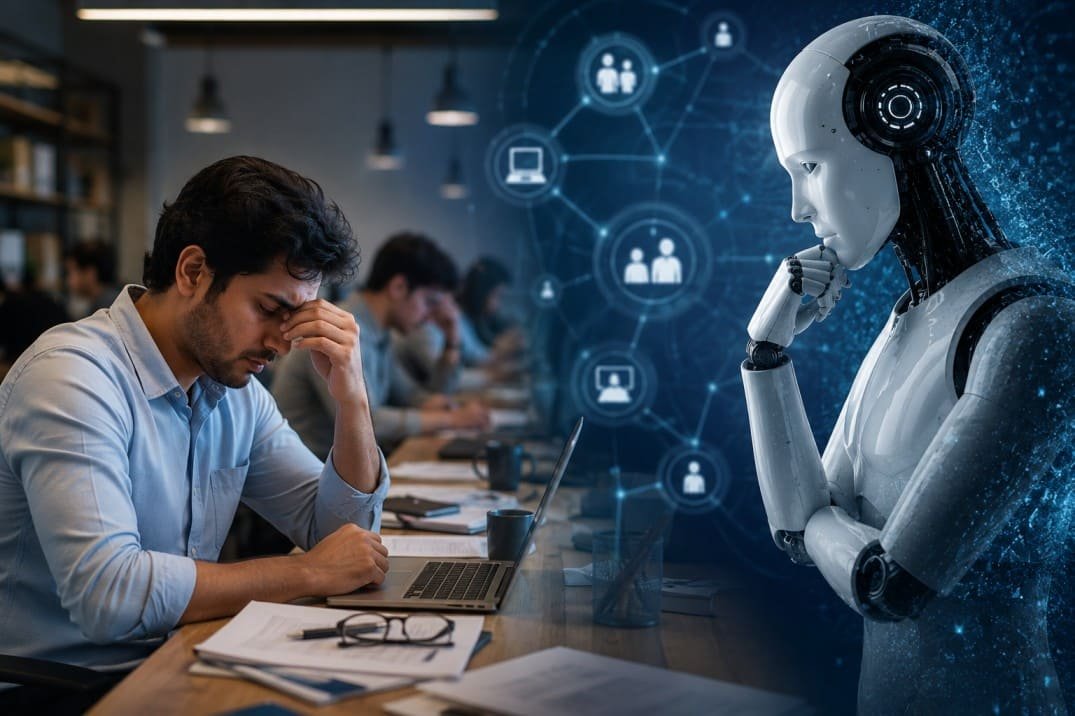 Office workers and AI-powered robot representing careers affected by artificial intelligence and workplace automation
