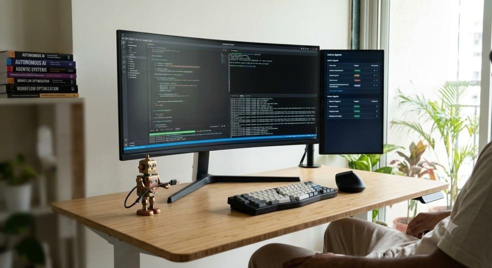eveloper sitting at a standing desk with an ultra-wide monitor showing code, terminal output, and active AI agent task lists
