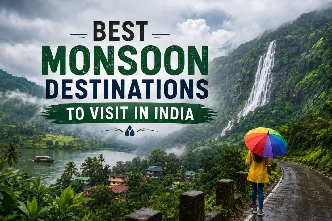 Best monsoon destinations to visit in India featuring lush green hills, waterfalls, misty mountains, scenic landscapes, and rainy season travel experiences.