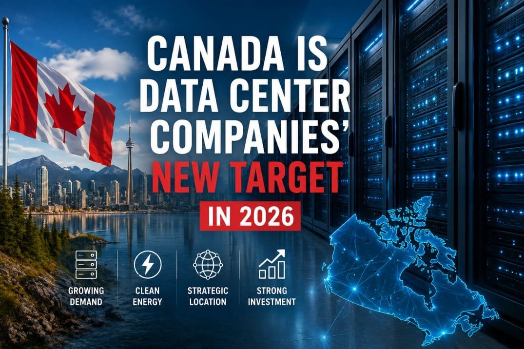 Modern data center facilities in Canada representing the country's growing digital infrastructure, cloud computing industry, AI expansion, and investment opportunities in 2026.
