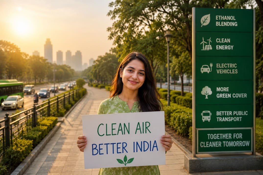 Young woman promoting clean air in India with a focus on ethanol blending, green energy, electric vehicles, and sustainable development