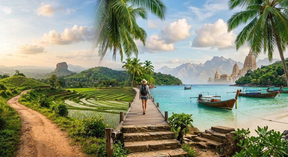 A beautiful travel collage showing a female traveler in a sun hat looking out at diverse scenic destinations, including emerald rice terraces, tropical beaches with traditional long-tail boats, and historic temples under a bright blue sky.