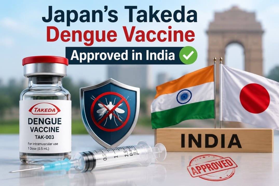 Healthcare worker holding a dengue vaccine vial and syringe representing Japan's Takeda dengue vaccine approved for use in India.