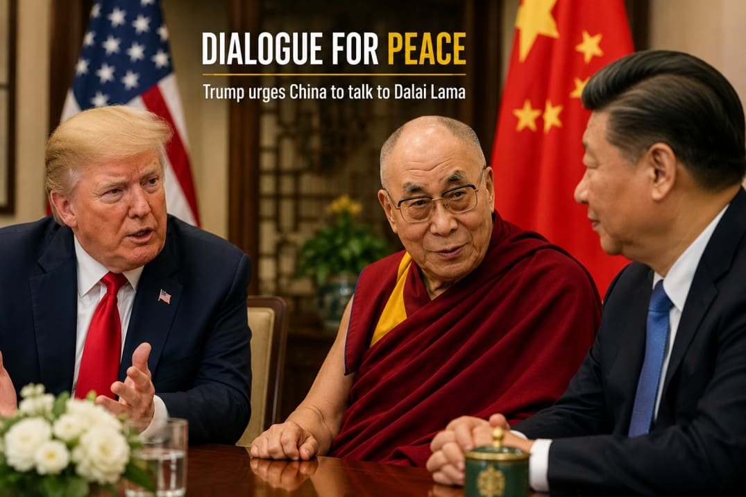 Donald Trump, the Dalai Lama, and Xi Jinping representing diplomatic dialogue amid renewed calls for China to engage with Tibetan leaders.