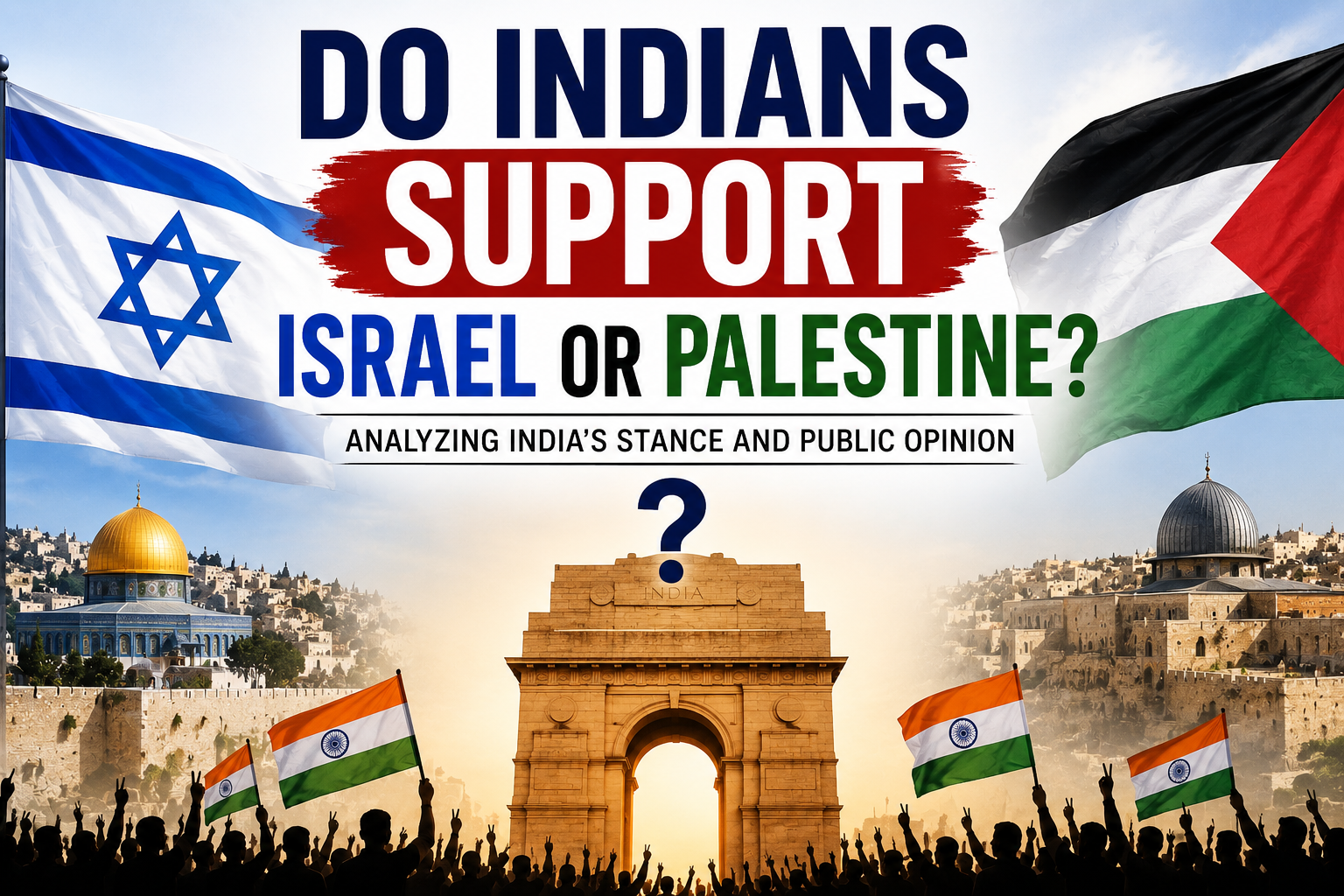 Do Indians support Israel or Palestine? Illustration showing India's perspective with Israeli and Palestinian flags representing the ongoing conflict.
