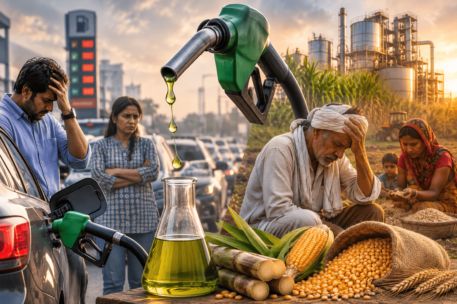 Vehicles waiting at an Indian petrol station highlighting the ethanol controversy in India and concerns over fuel blending