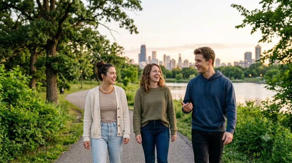 Three happy, healthy young adults (two women and one man) laughing while walking together on a park pathway at sunset.
