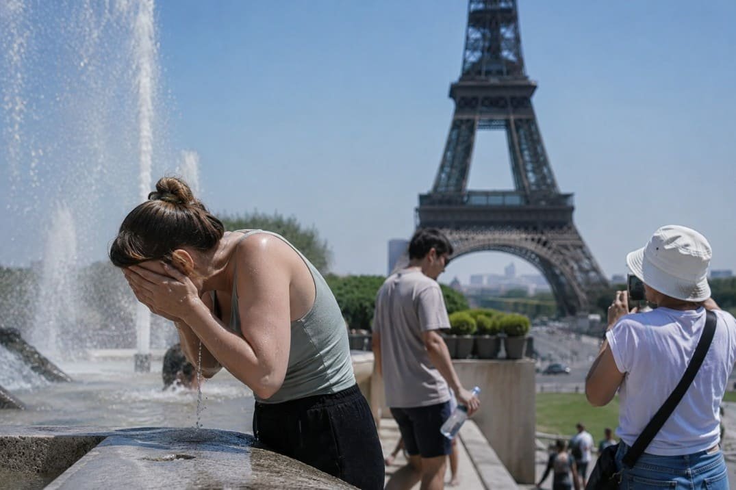 People seeking relief from extreme heat near a fountain with the Eiffel Tower in the background during a heatwave across Europe.