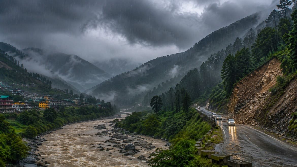 IMD Alert as heavy monsoon rain and dark clouds cover Himachal Pradesh amid a red alert for heavy rainfall.