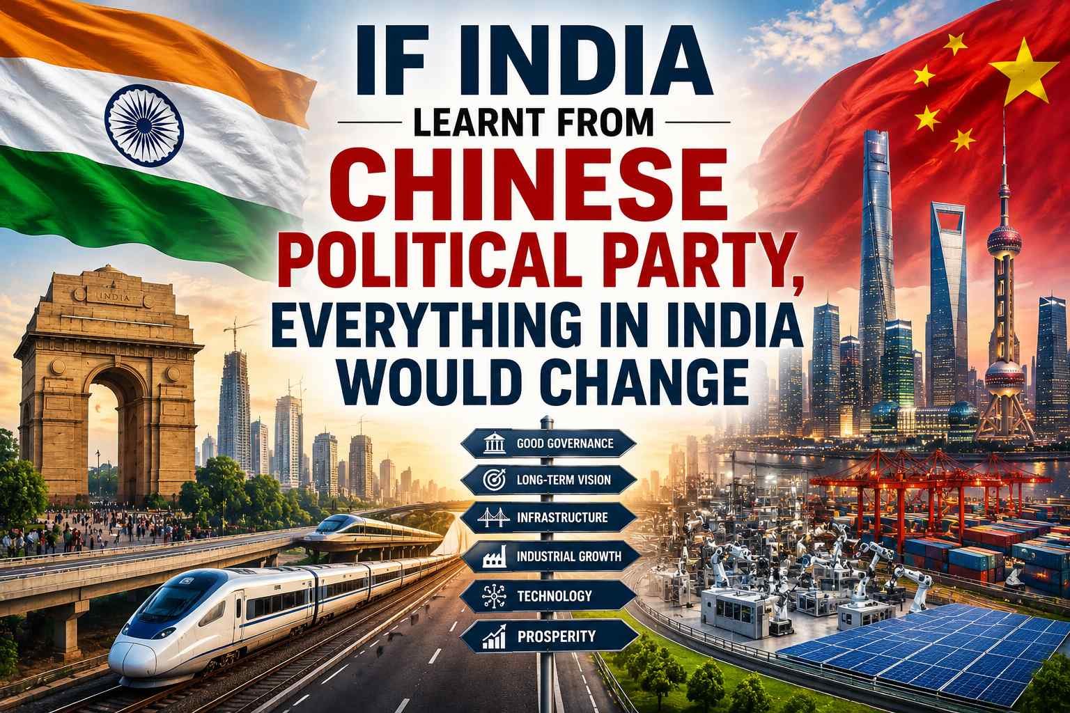 Illustration comparing India's democratic governance with China's political system, highlighting infrastructure, economic development, and governance reforms.