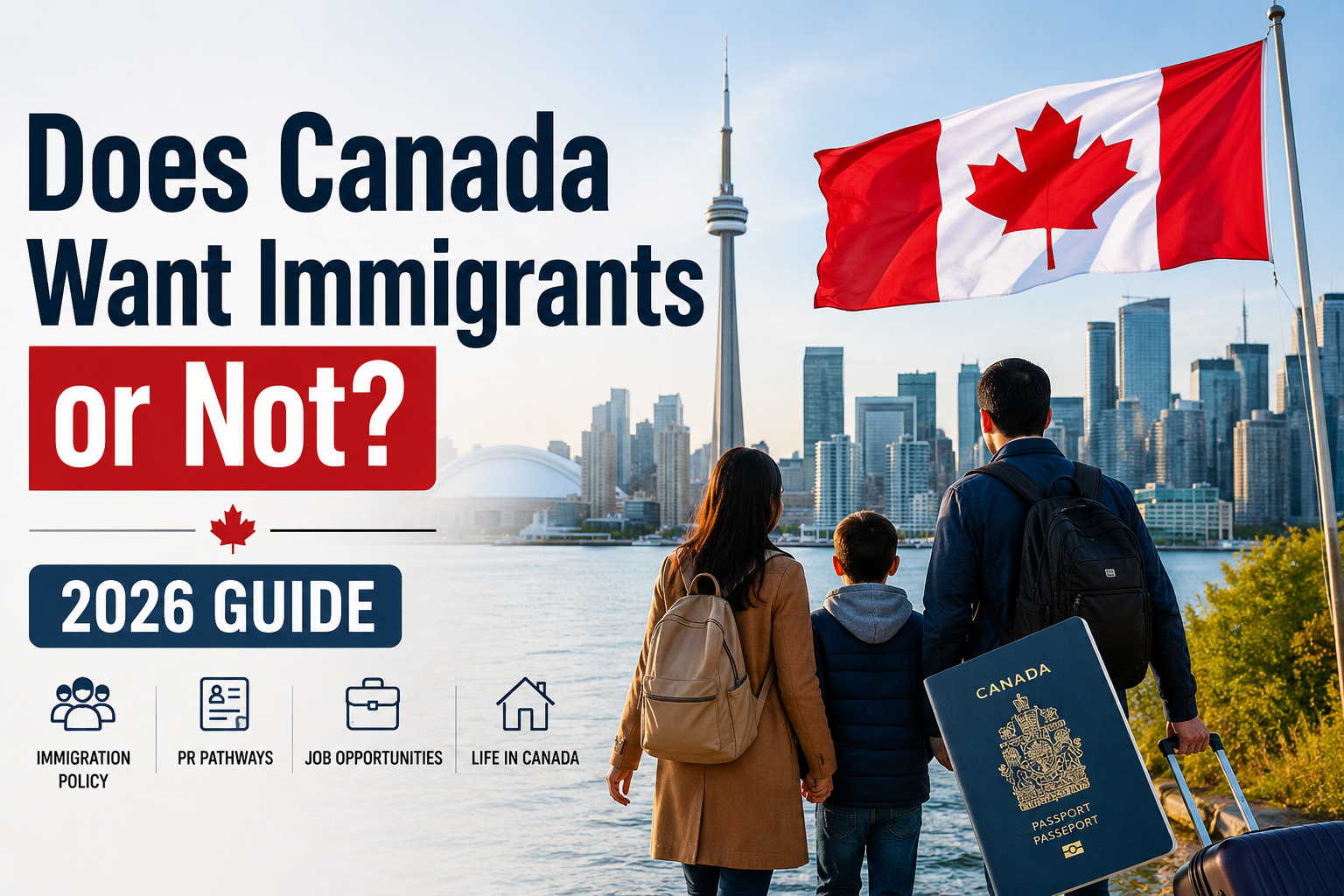 Family looking at Canada's skyline with a Canadian flag, representing immigration opportunities and policies in Canada in 2026.