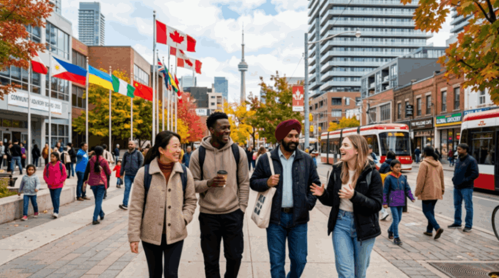 Immigration in Canada 2026 illustration showing diverse newcomers contributing to Canadian communities, workforce growth, and multicultural neighborhoods.