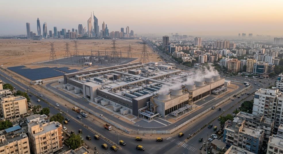 High-density AI data center facility in a desert landscape near city skylines, featuring cooling towers and solar infrastructure.