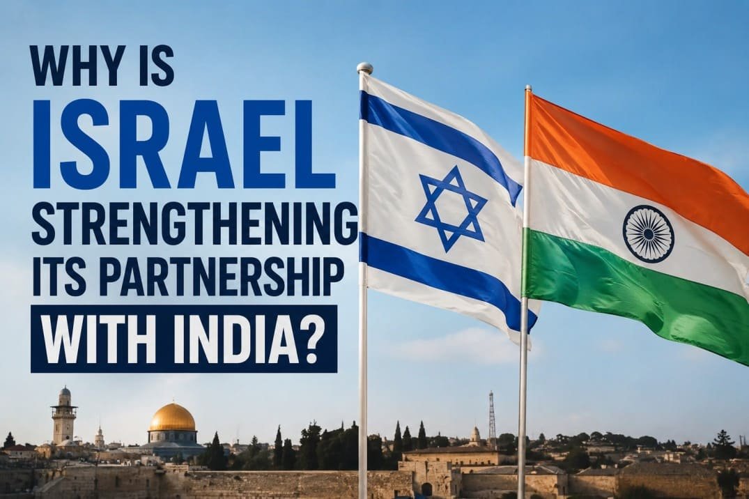 Indian and Israeli flags representing the growing strategic partnership between India and Israel in defense, technology, trade, and diplomacy.