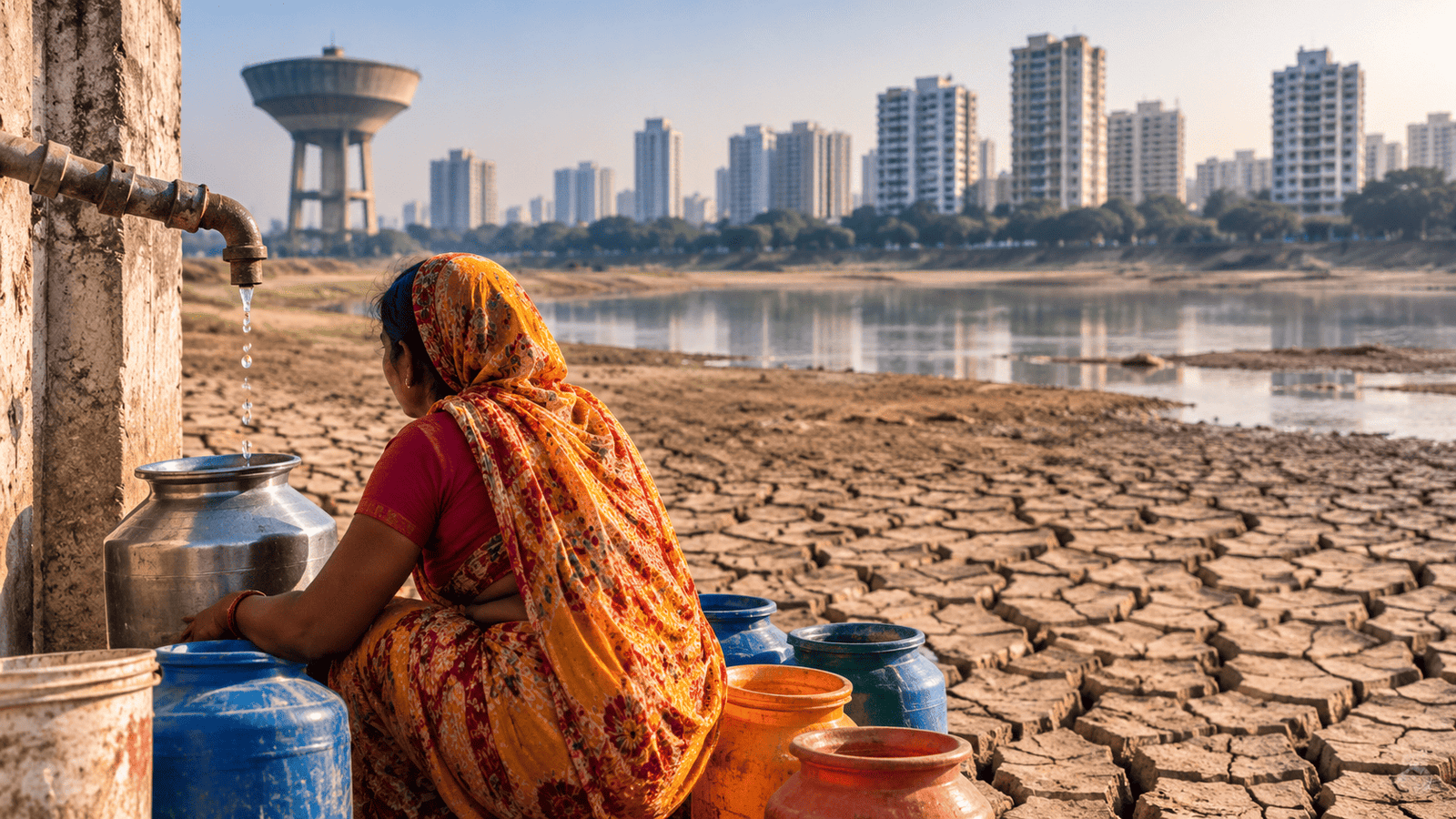 Dry reservoir near a modern Indian city highlighting India's water crisis and urban water scarcity