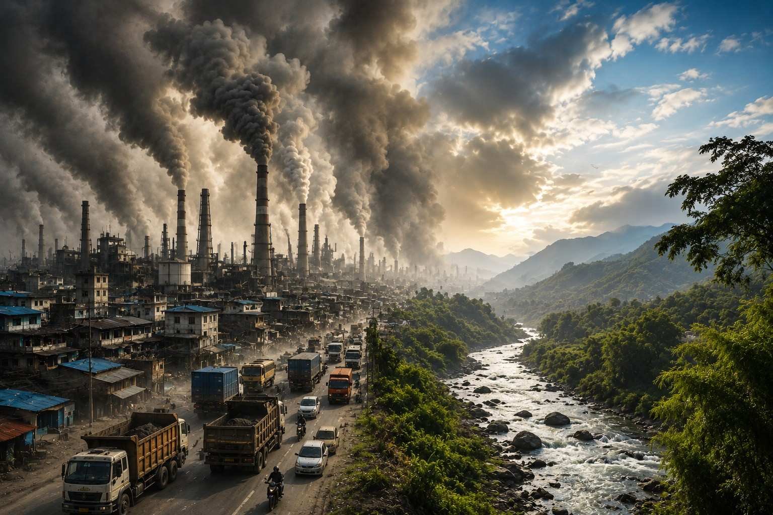 Featured illustration comparing severe industrial air pollution with a clean natural landscape, highlighting the environmental challenges faced by India's most polluted cities.