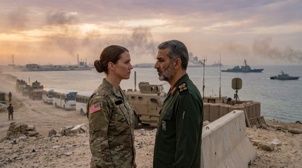 An American female soldier in a camouflage uniform and an Iranian male military officer in a green uniform stand facing each other, looking intently into each other’s eyes, on a fortified coastal position at sunset. In the background, military armored vehicles, white buses, and naval destroyers are visible against a smoky, industrial coastline.
