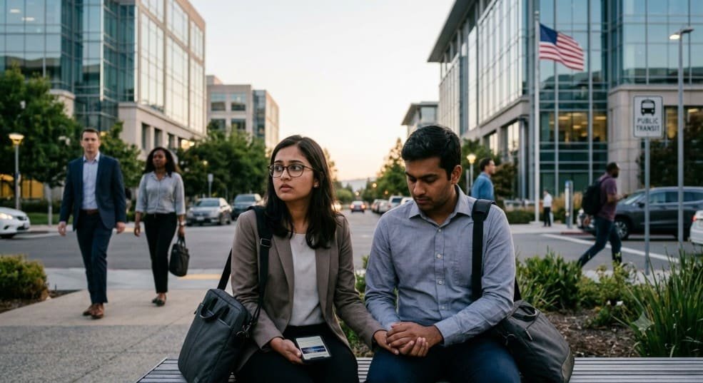 A worried young Indian couple sitting on a bench in a modern American corporate tech park, looking anxious about their future while holding hands, with the U.S. flag visible in the background.
