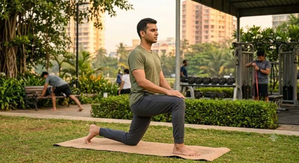 Indian man performing a low lunge mobility stretch on a mat in an outdoor urban park with gym equipment in the background