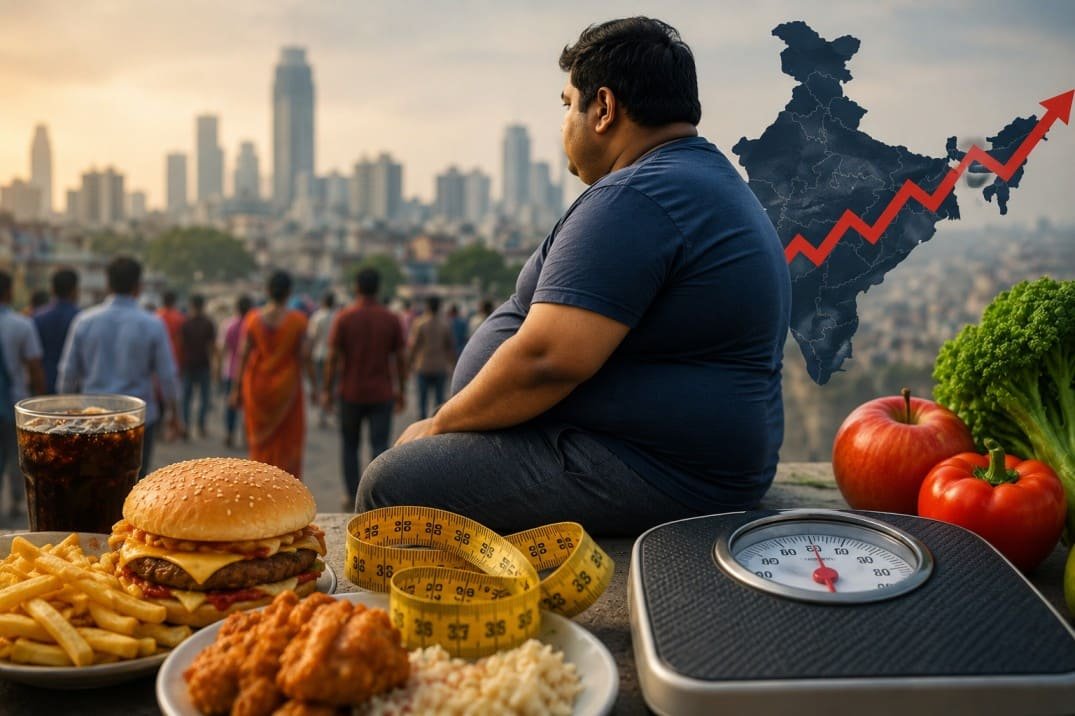 Overweight person highlighting the growing obesity crisis in India and the health risks linked to unhealthy lifestyles.