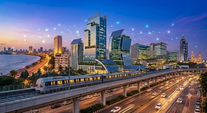 Modern skyline representing the prosperous cities of India with smart infrastructure and high quality of life