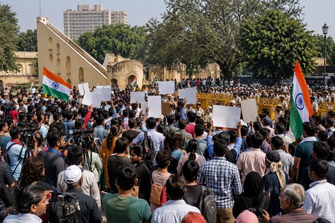 Crowds gather at Jantar Mantar in New Delhi during the 2026 protest, with demonstrators holding placards and Indian flags as police monitor the peaceful rally.