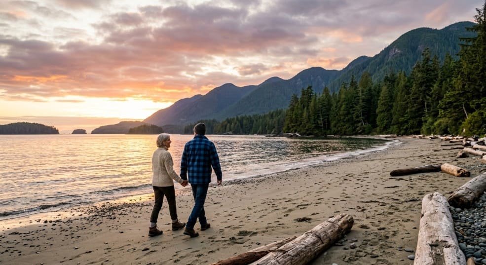 Retired couple enjoying the scenic coastline of British Columbia on Canada's West Coast with beaches, mountains, and vibrant waterfront.