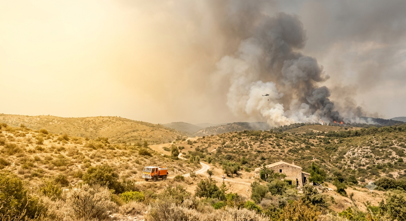 Alt Text A dry, hilly landscape in southern France under extreme heat and a severe orange-hazy sky, with a massive column of wildfire smoke rising from a ridge in the background while a helicopter, an orange fire truck, and a stone farmhouse are present.