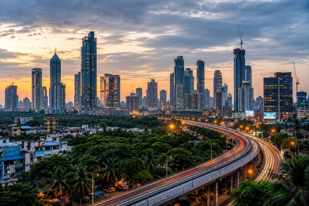 Skyline of a modern Indian metropolitan city representing the top 10 wealthiest cities in India and their economic growth.