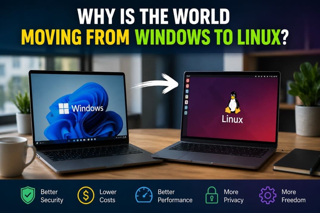 Illustration showing the transition from Windows to Linux, highlighting security, privacy, performance, and cost benefits.