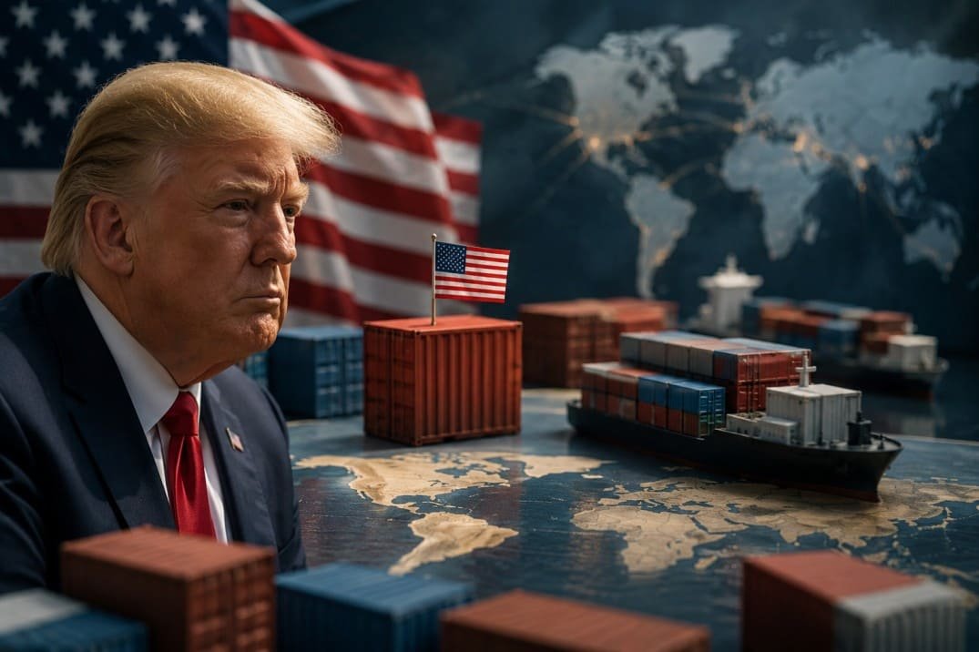 Cargo shipping containers and global trade routes representing Donald Trump tariffs and their impact on international trade and the global economy