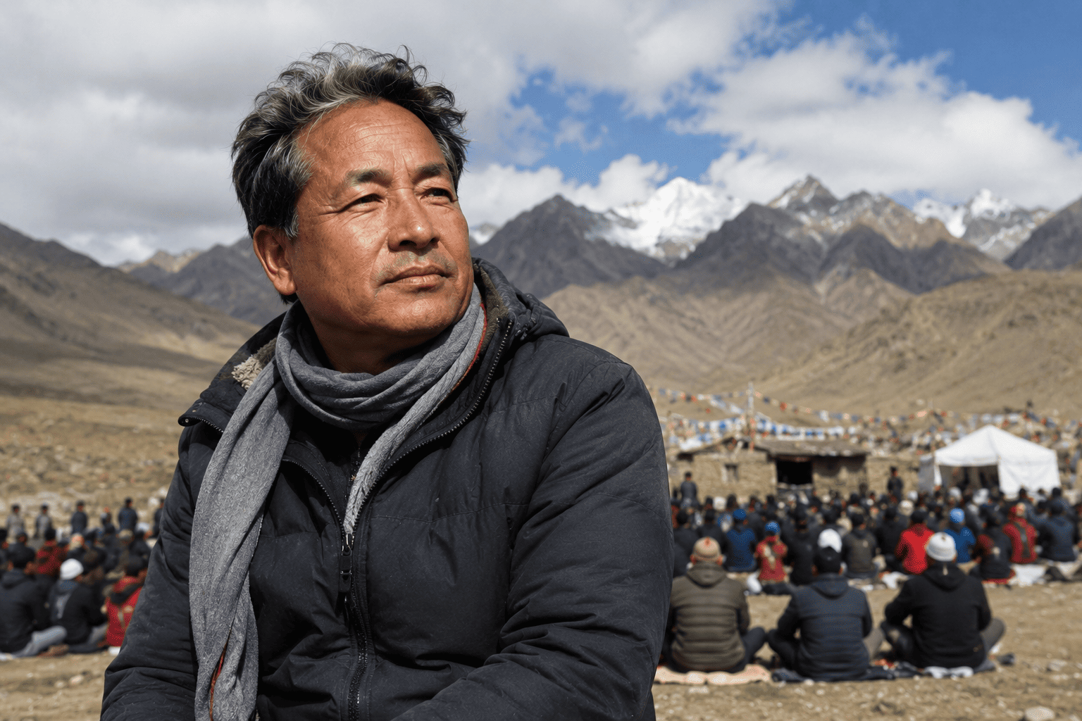 Sonam Wangchuk standing in the Ladakh mountains during a public gathering, highlighting his campaign for sustainable development and India's future.
