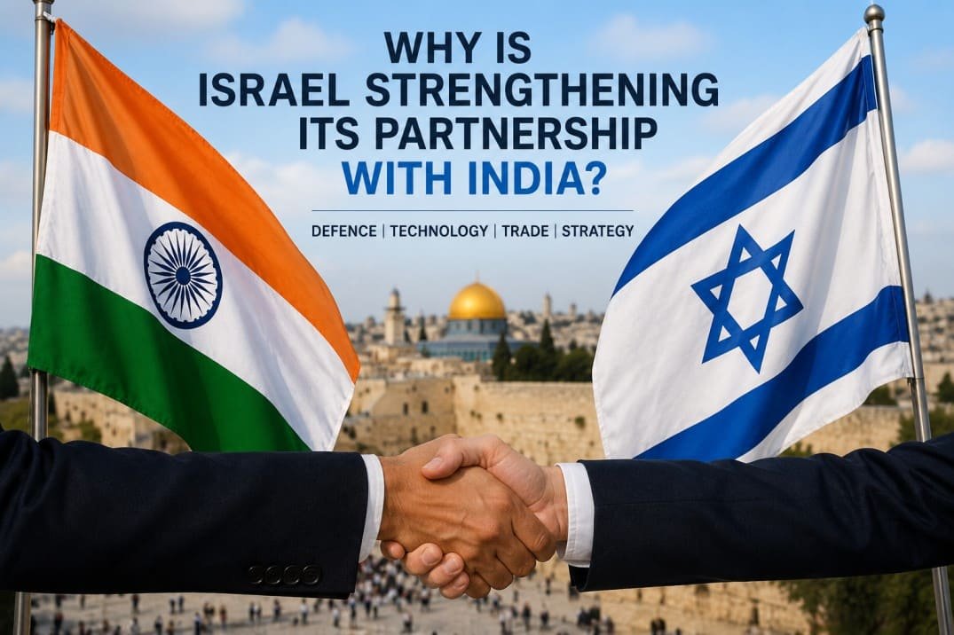 The national flags of India and Israel flying side-by-side on metal flagpoles against a clear blue sky.