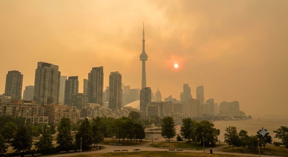 Toronto skyline with CN Tower enveloped in a heavy orange haze from wildfire smoke with red sun disk.