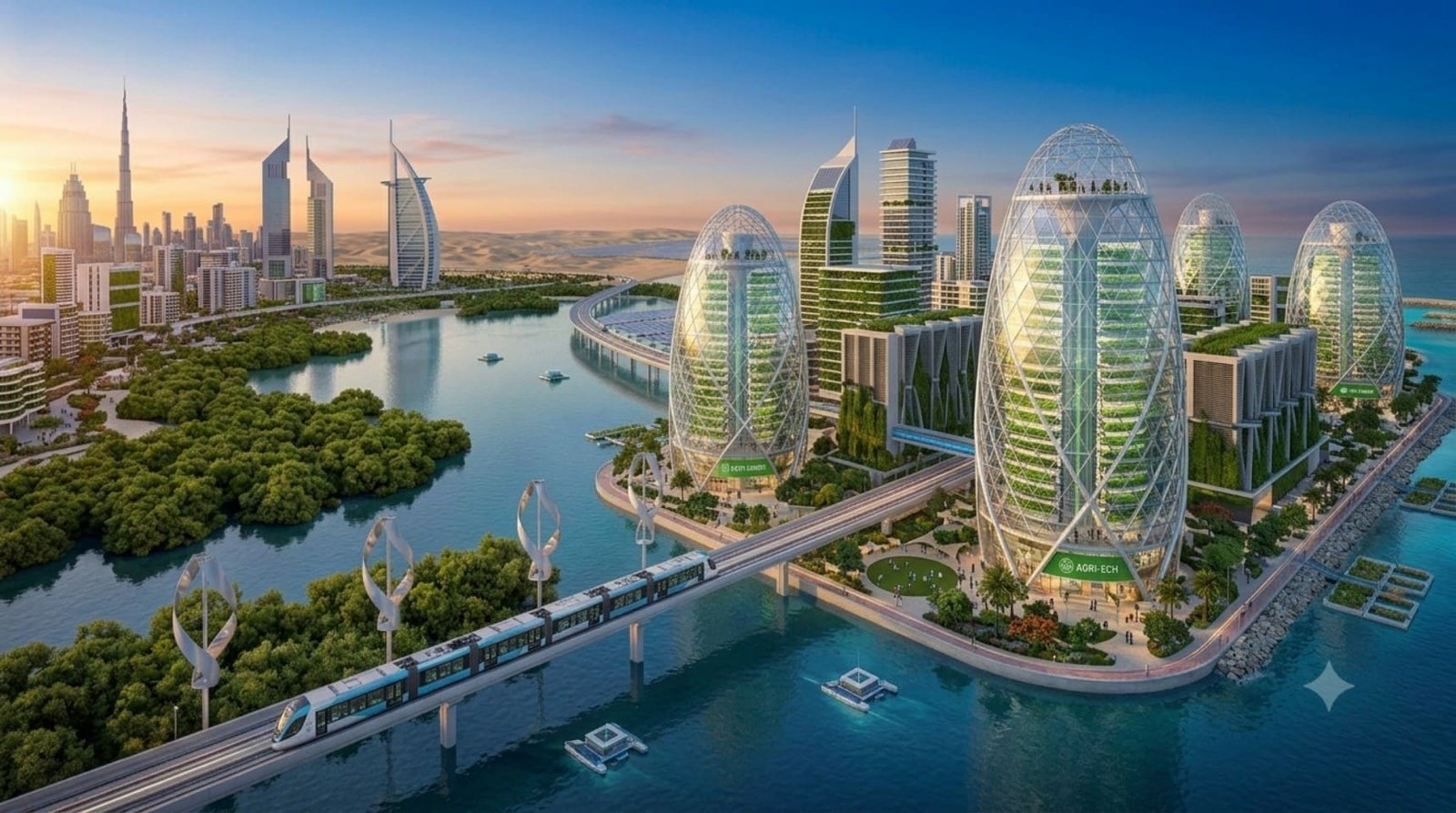 Dubai and Global Warming: Sustainable skyline showcasing renewable energy, green buildings, and climate resilience initiatives in the UAE