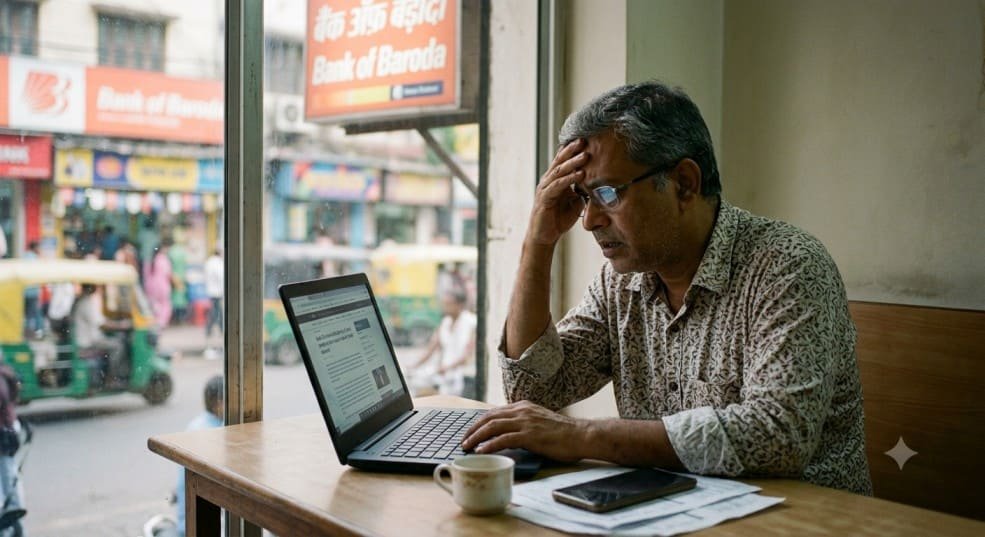 Concerned man looking at his laptop in a cafe with a Bank of Baroda branch visible in the background street.
