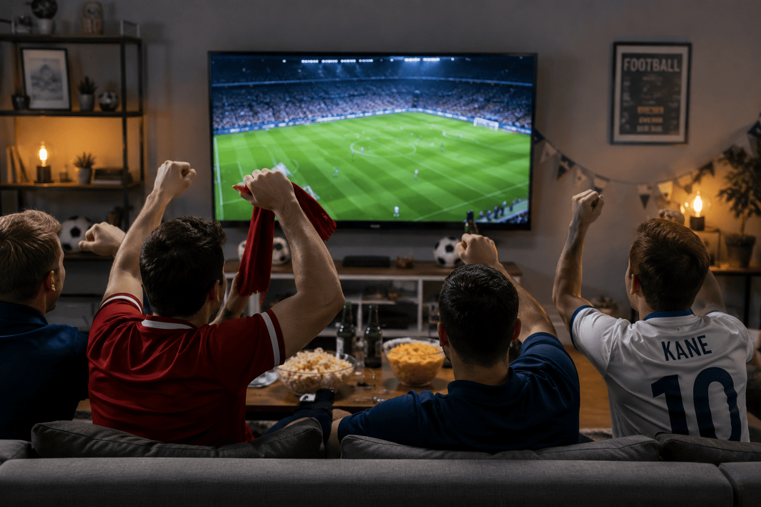 Football fans cheering while watching a live football match on television in a cozy living room.