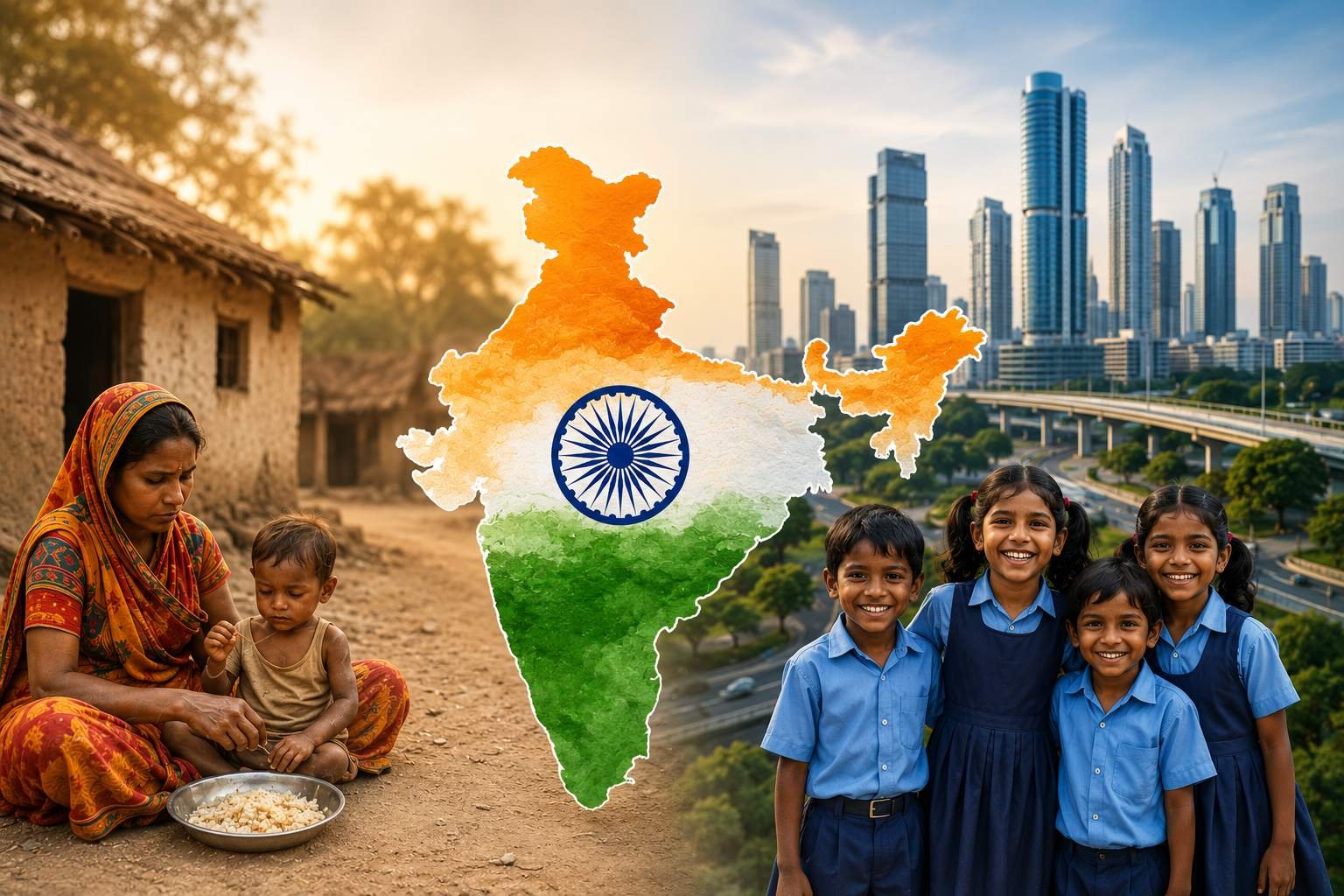 Illustration showing the contrast between poverty and development in India, highlighting malnutrition, rural hardship, child nutrition, and urban progress.