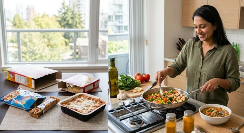 A split image contrasting ultra-processed foods on the left (cereal box, frozen meal, snacks) with a woman preparing a fresh home-cooked stir-fry with vegetables and whole ingredients on the right.
