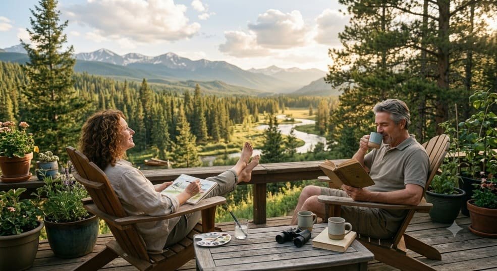 Couple relaxing on a wooden cabin deck overlooking a forest and mountains, representing financial independence and early retirement.