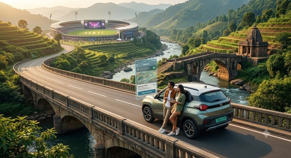 A couple in an electric car uses a holographic AI navigation display while traveling on a scenic road with a stadium and ancient temple in the background.