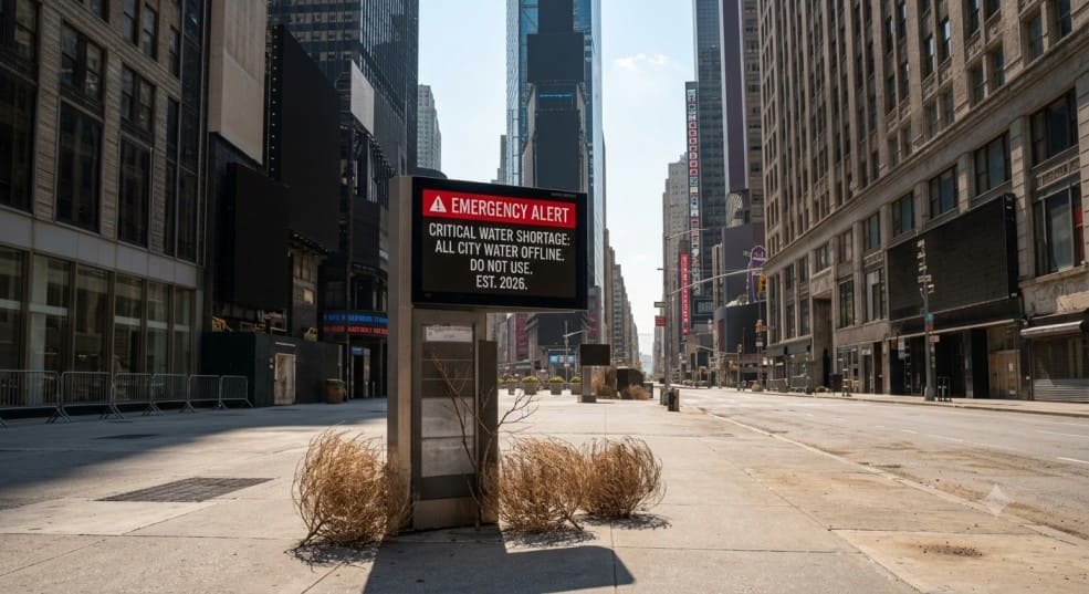 A single image of a digital kiosk in Times Square, NYC, displaying a red-and-white emergency alert with text that reads: "A EMERGENCY ALERT CRITICAL WATER SHORTAGE: ALL CITY WATER OFFLINE. DO NOT USE. EST. 2026.