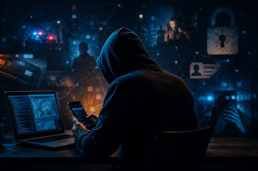Cybercriminal using a laptop and smartphone in a dark room, representing the rise of cybercrime, online scams, and digital fraud in India.